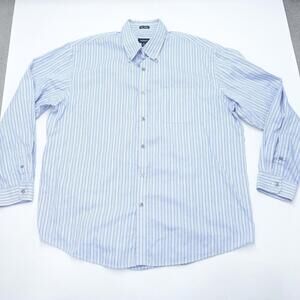 Van Heusen Dress Shirt Men 17.5 Blue White Striped Cotton Pocket Business Formal